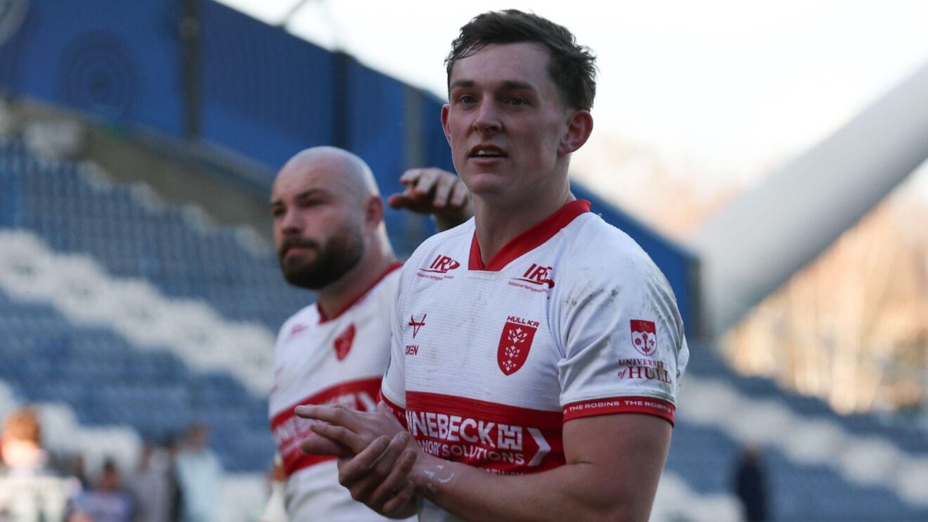 Jack Broadbent applauds the Hull KR supporters following a game in 2026