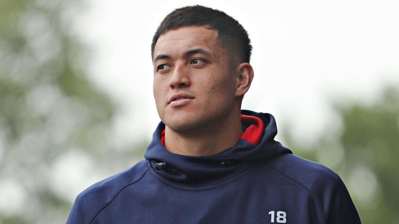 Isaiah Vagana arrives ahead of a Wakefield Trinity game