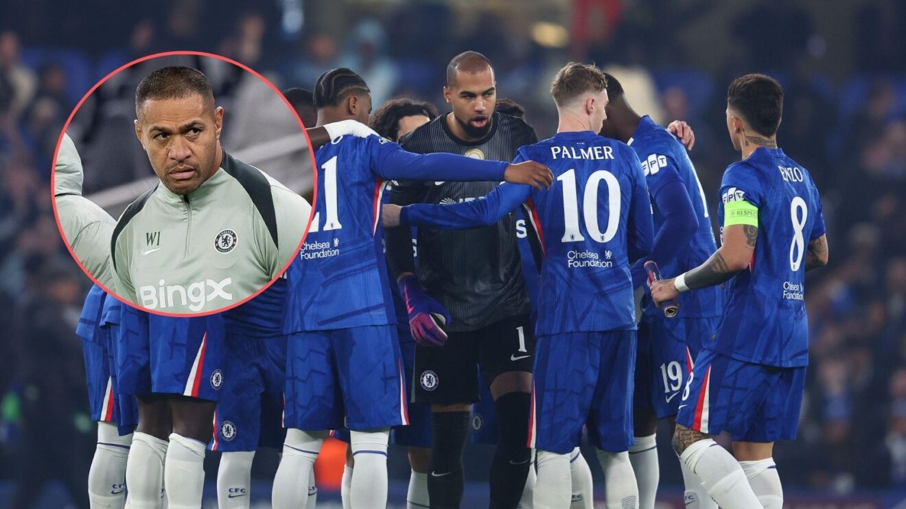 An image of one of Chelsea's pre-match huddles with Willie Isa overlayed in a circle to the left of the picture