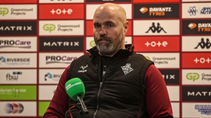 Huddersfield Giants assistant Liam Finn speaks to the media following a game in 2026