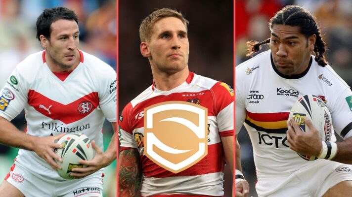 A three-way image of Lee Gilmour, Sam Tomkins and Lesley Vainikolo with Super League's golden 30th anniversary badge shown centrally across Tomkins' chest