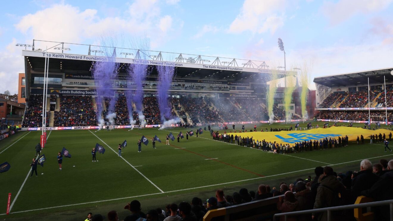 A general view of Headingley with fireworks being let off ahead of a clash between Warrington Wolves and Leeds Rhinos as Super League celebrated its 30th birthday