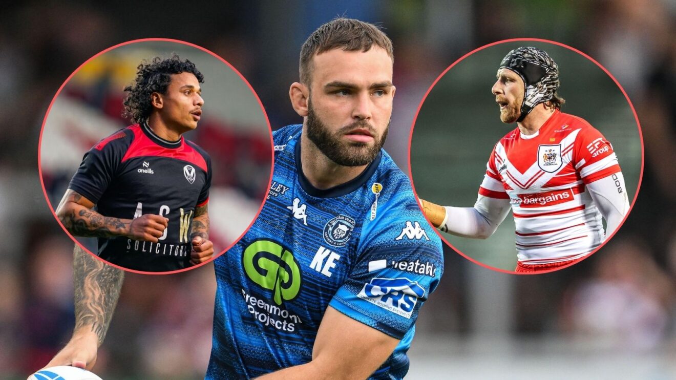 Wigan's Kaide Ellis warms up ahead of a game, with images of St Helens pair Tristan Sailor and Jackson Hastings overlayed in circles on his shoulders