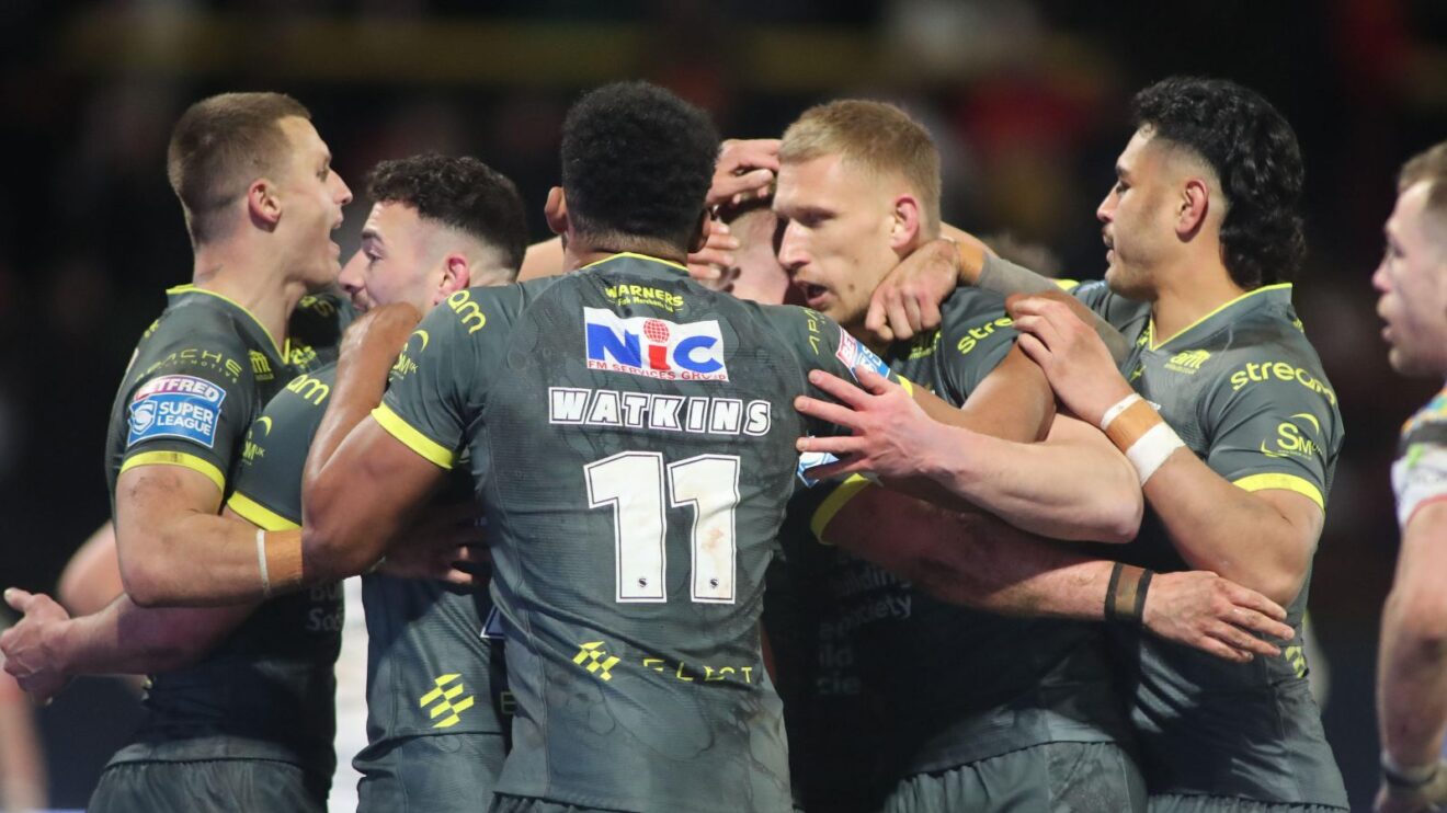 Leeds Rhinos players celebrating v Bradford in 2026