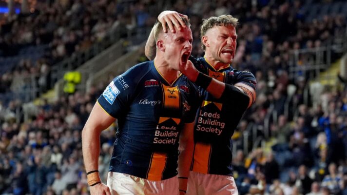Leeds Rhinos players celebrating in 2026