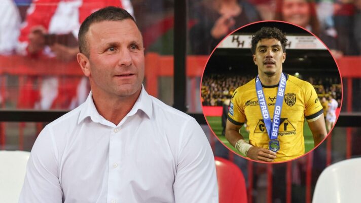 Hull KR head coach Willie Peters looks right towards an image of Castleford Tigers star Krystian Mapapalangi overlayed in a circle