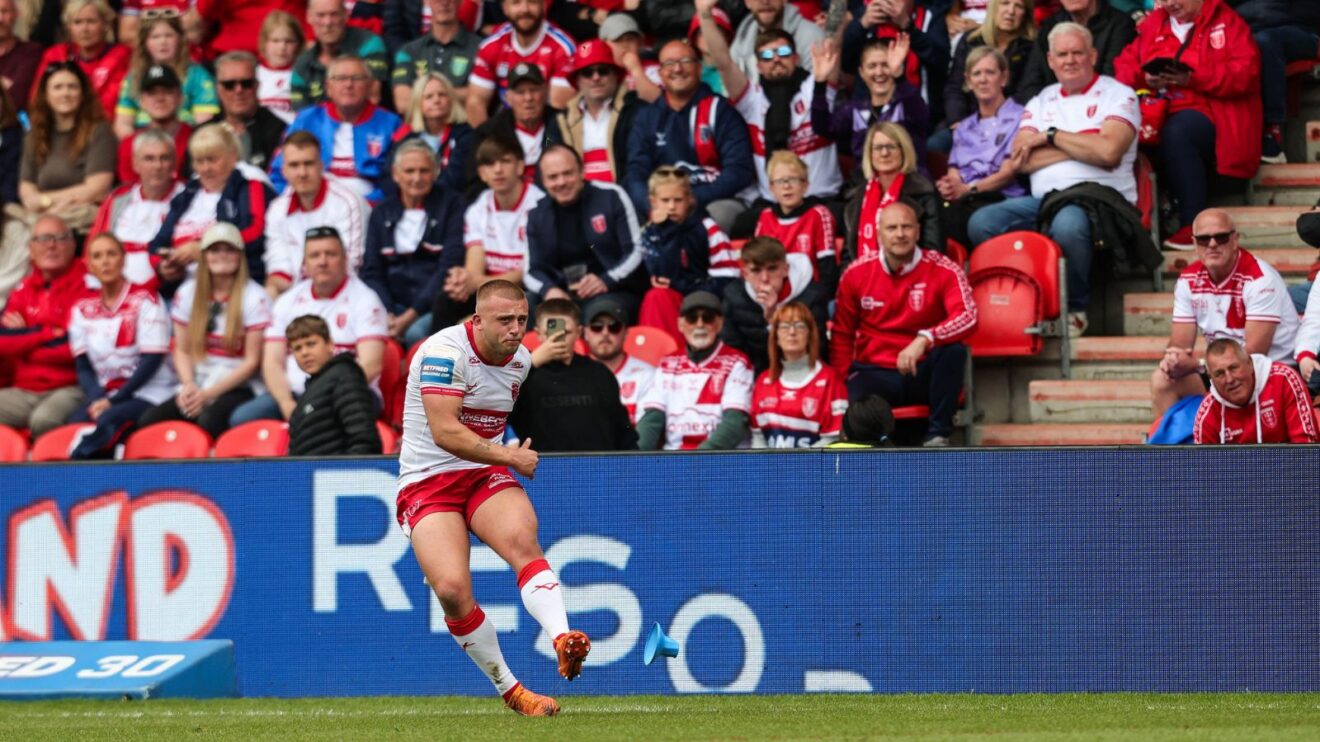 Mikey Lewis takes a conversion in Hull KR's Challenge Cup semi-final win over Warrington Wolves in 2026