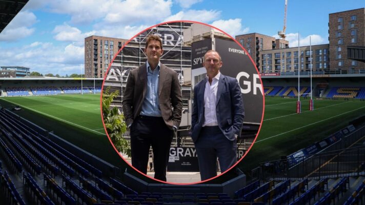 Graya co-founder Andrew Gray pictured alongside Darren Lockyer, with that image overlayed in a circle in front of a general view of Plough Lane