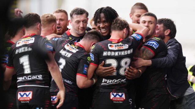 Wigan Warriors celebrate a try during their win over St Helens in the semi-finals of the Challenge Cup in 2026