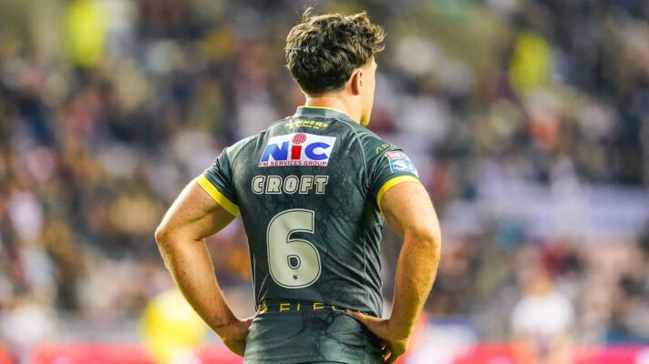 Brodie Croft in action for Leeds Rhinos in 2026, pictured from behind with his name and number visible on the back of his shirt