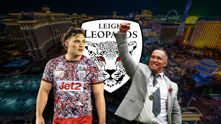 A general panoramic view of the Las Vegas strip dimmed as the background to cut out images of Leigh Leopards head coach Adrian Lam and half-back Lachlan stood side by side in front of the club's badge