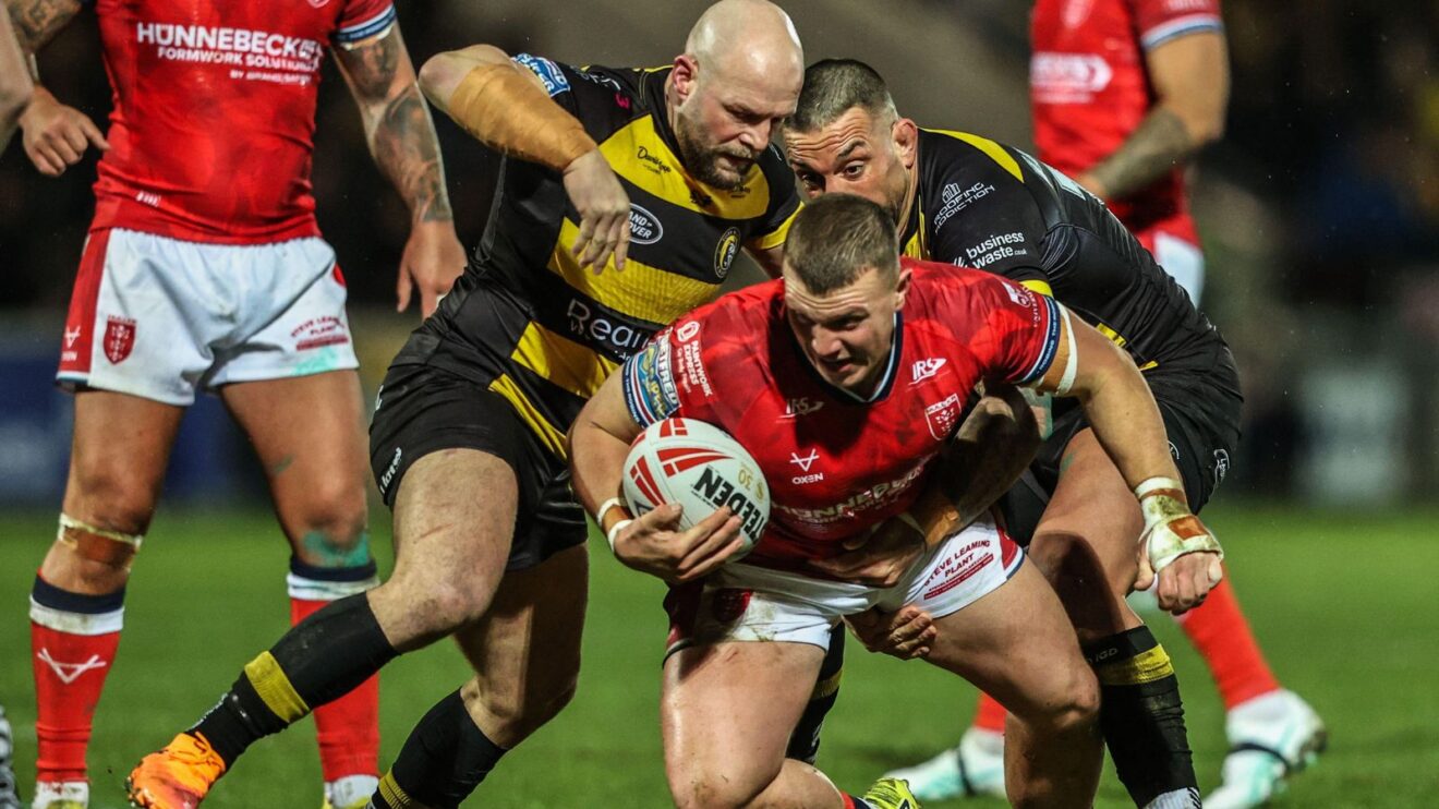 Jack Brown being tackled during a Super League game in 2026
