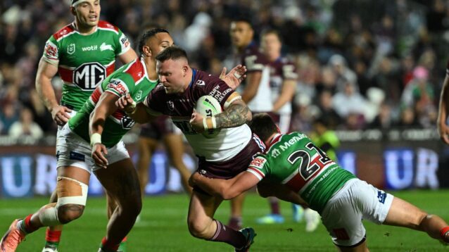 Nathan Brown carrying the ball into contact v South Sydney Rabbitohs in 2026