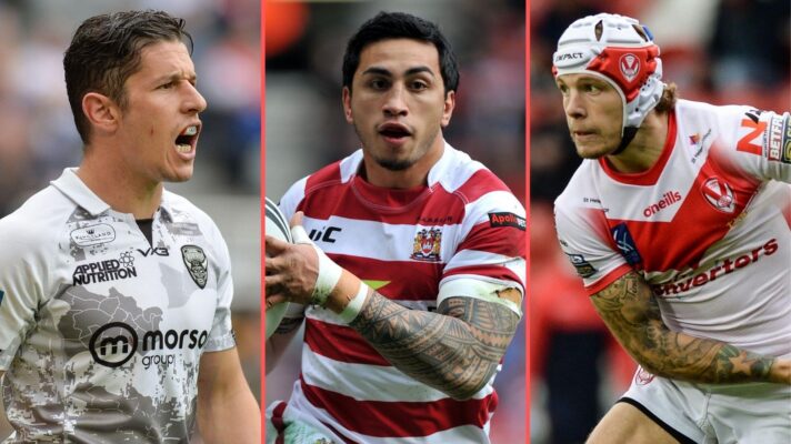 A three-way split image of Morgan Escare, Harrison Hansen and Theo Fages in Super League action