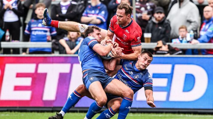 An action shot from a Super League clash between Wakefield Trinity and Hull KR at Belle Vue in June 2026