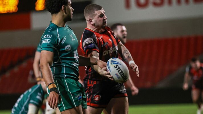 Finlay Yates celebrates a try for Salford RLFC in 2026