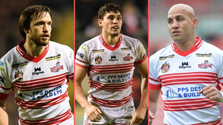 A three-panel image of Joe Mellor, Sam Stone and Blake Ferguson in action for Leigh in 2022