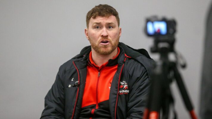 Goole Vikings head coach Scott Taylor speaks to the media following a game