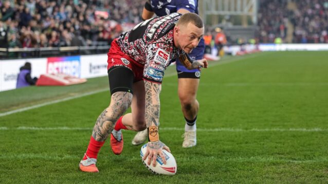 Josh Charnley dots the ball down to score a try for Leigh Leopards in 2026