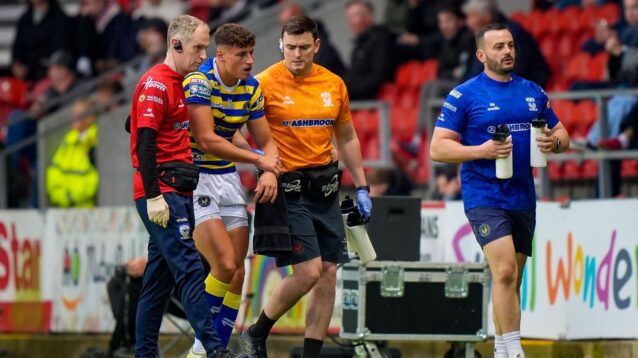 Zack Gardner leaves the field injured during a Warrington Wolves game in 2026