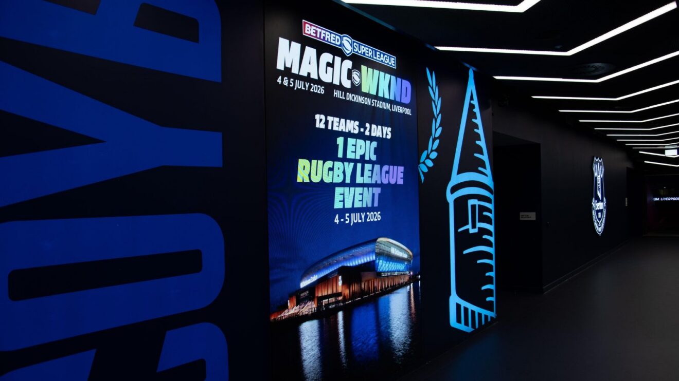 A promotional poster for Super League Magic Weekend pictured inside the Hill Dickinson Stadium