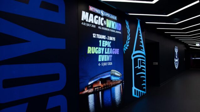 A promotional poster for Super League Magic Weekend pictured inside the Hill Dickinson Stadium