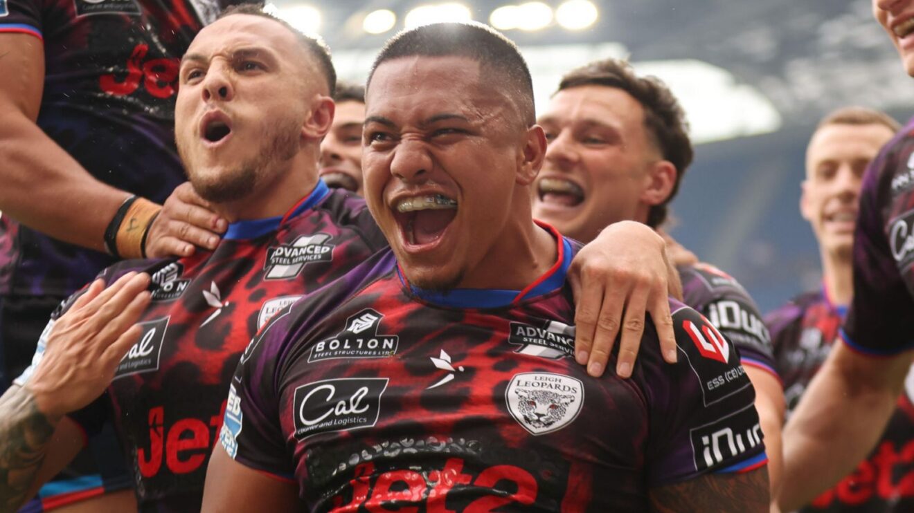 Tesi Niu celebrates a try for Leigh Leopards at Magic Weekend in 2026