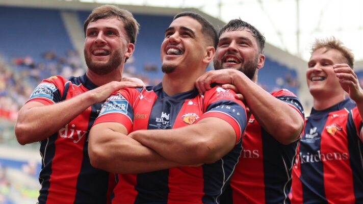 Caleb Hamlin-Uele celebrates a try for Wakefield Trinity at Magic Weekend in 2026 alongside his team-mates