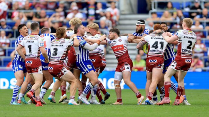 A fracas between Wigan Warriors and St Helens during their clash at Magic Weekend in 2026