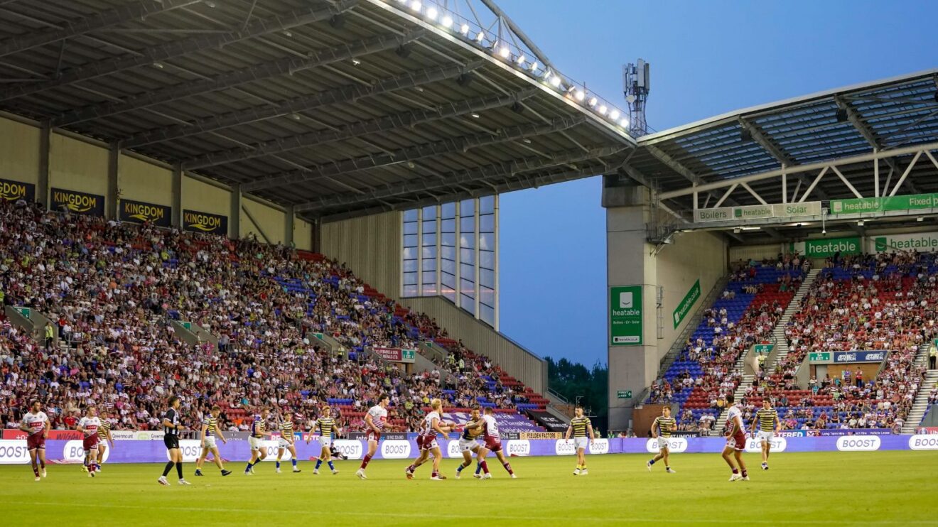 A general view of The Brick Community Stadium during a Super League clash between Wigan Warriors and Warrington Wolves in July 2026