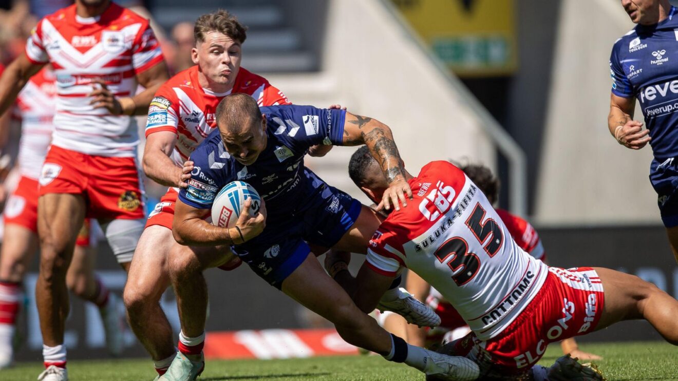 An action shot from a Super League clash between St Helens and Toulouse Olympique in July 2026