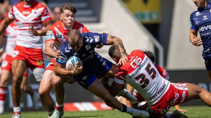 An action shot from a Super League clash between St Helens and Toulouse Olympique in July 2026