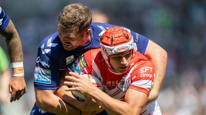 An action shot from a Super League clash between St Helens and Toulouse Olympique in July 2026