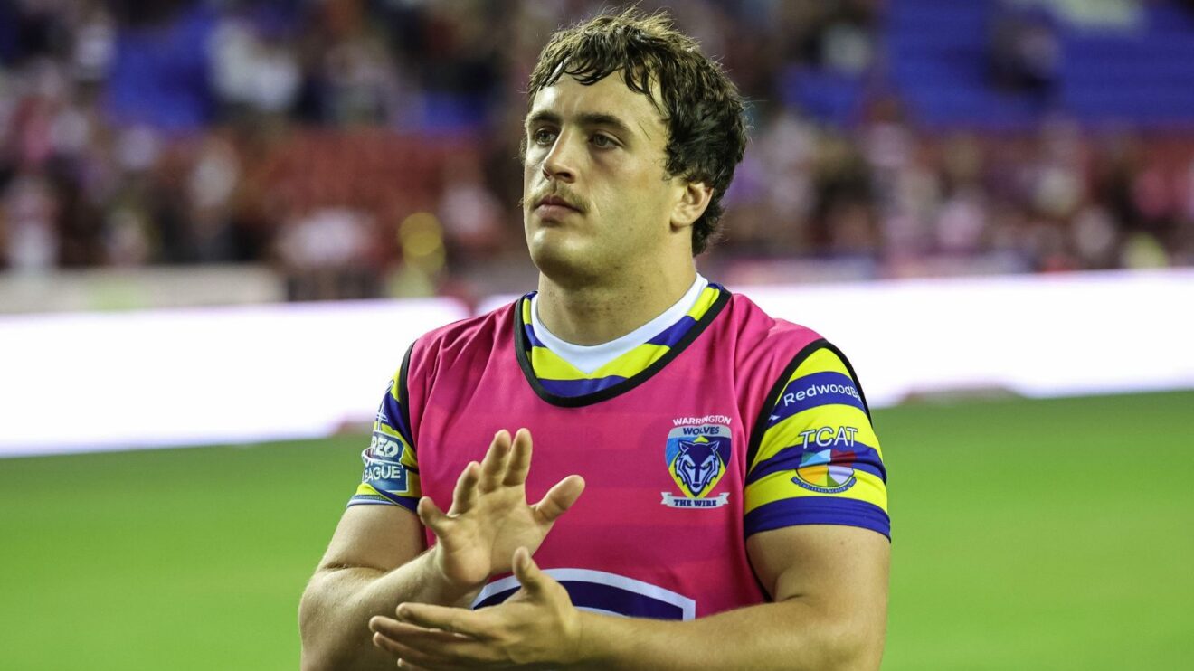 Max Wood applauds the Warrington Wolves supporters following a game in 2026