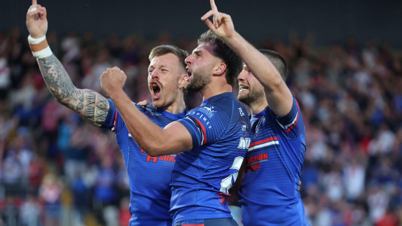 Wakefield Trinity players after a try at the DIY Kitchens Stadium in 2026