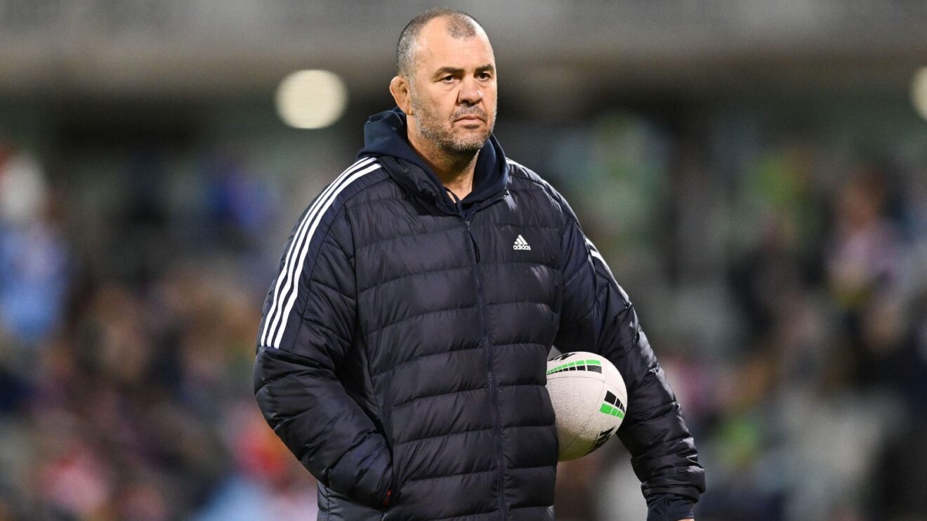 Sydney Roosters assistant coach Michael Cheika watches on during a warm-up ahead of a game in 2026