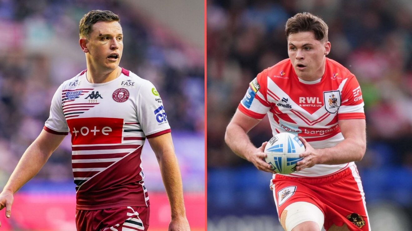 A split-screen image of Wigan Warriors' Jai Field and St Helens' Jack Welsby in action in 2026