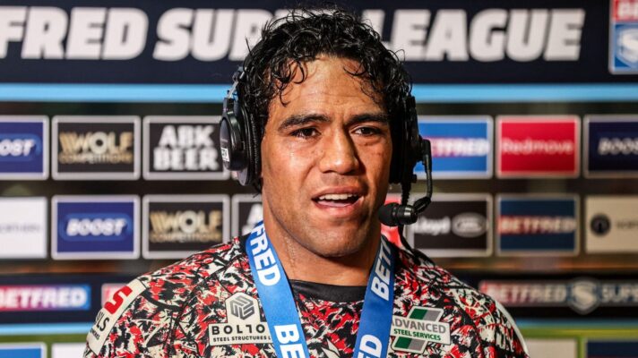Leigh Leopards star Joe Ofahengaue speaks to Sky Sports following a game in 2026 with the Player of the Match medal around his neck