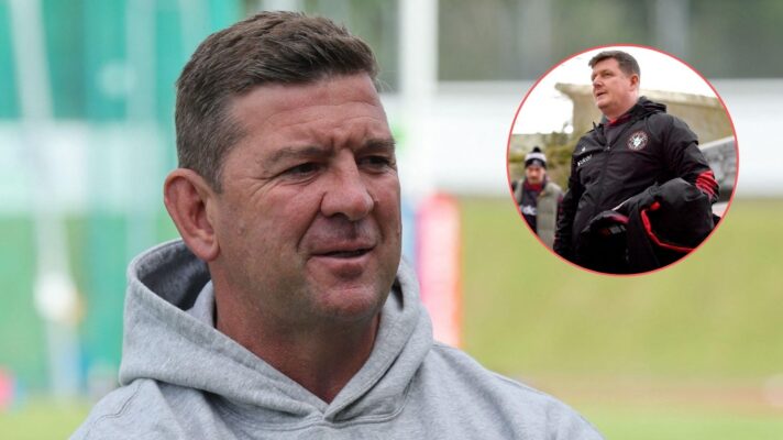 London Broncos head coach Jason Demetriou looks right towards an image of Widnes Vikings counterpart Allan Coleman which has been overlayed in a circle