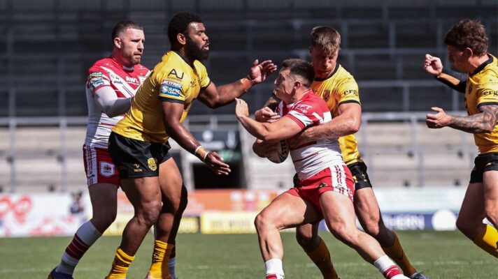 Deon Cross of St Helens carrying into contact v Castleford Tigers in 2026