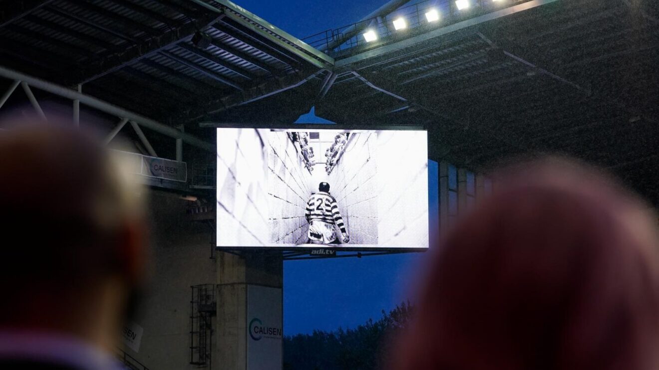 The most iconic image of the late, great Sir Billy Boston is shown on the big screen at The Brick Community Stadium
