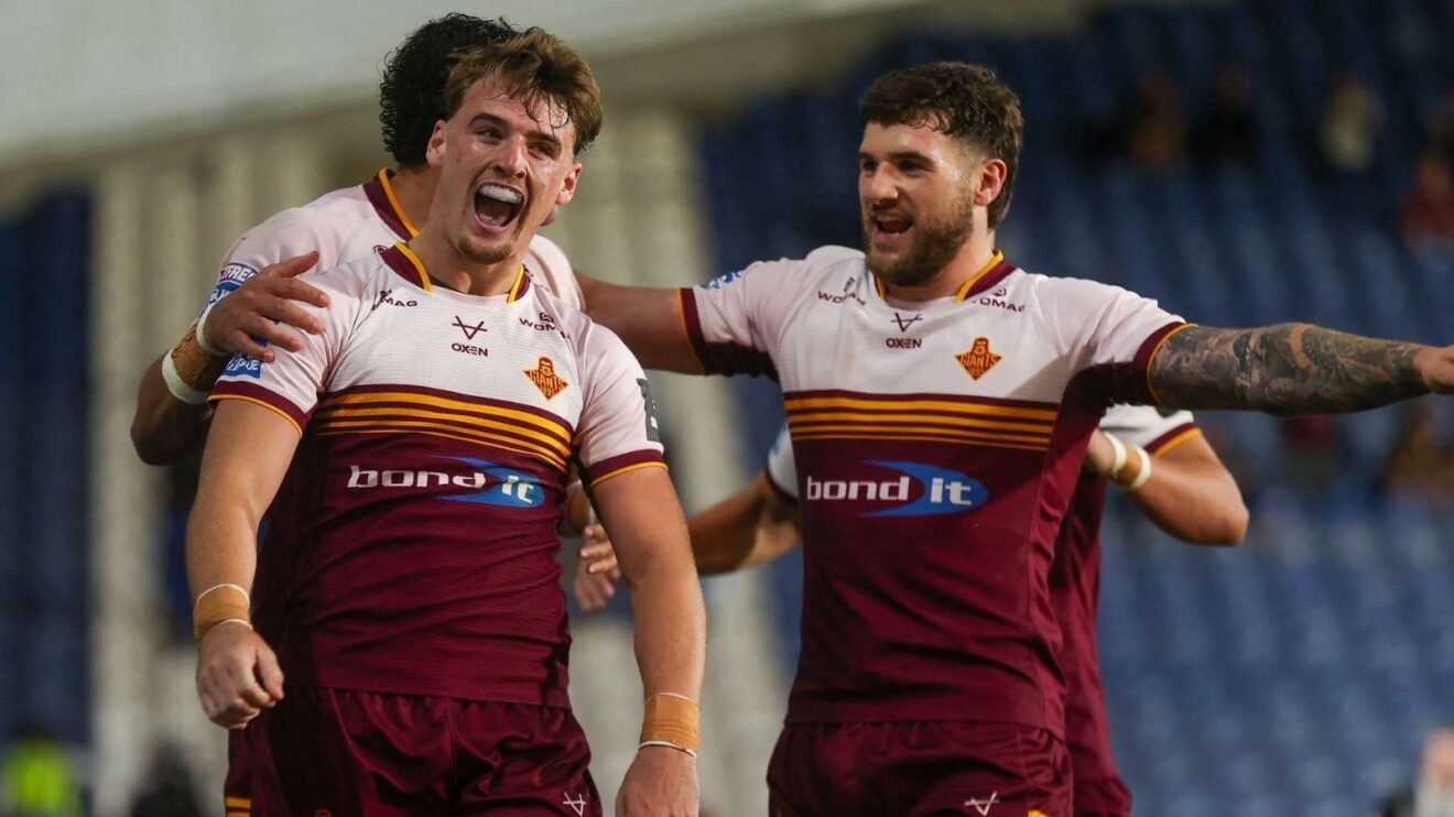 George Flanagan celebrates a try for Huddersfield Giants in 2026