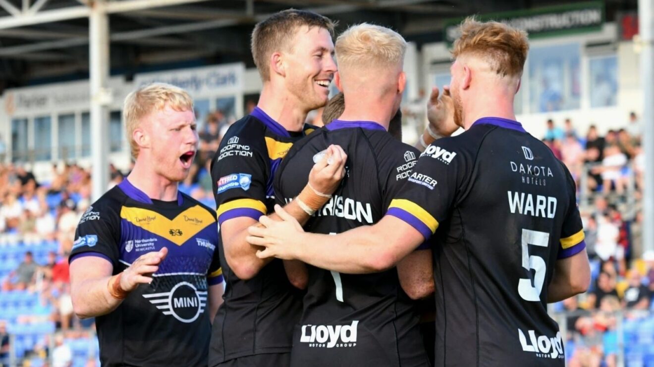 Newcastle Thunder celebrate a try in 2026