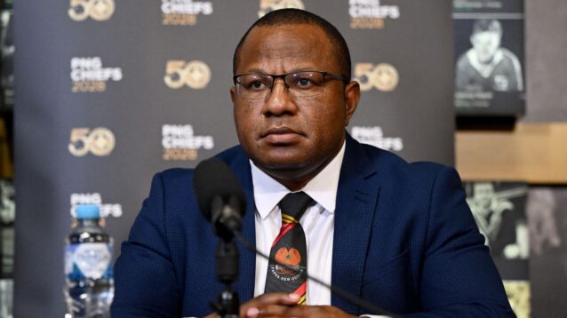 Papua New Guinea's Minister for Sport Kinoka Hotune Feo pictured during a PNG Chiefs press conference