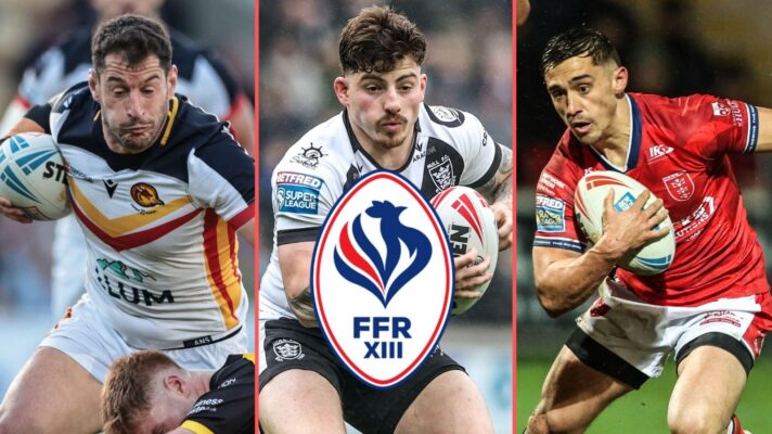 A three-panel image of Ben Garcia, Amir Bourouh and Arthur Mourgue with the France rugby league badge overlaid on Bourouh's chest