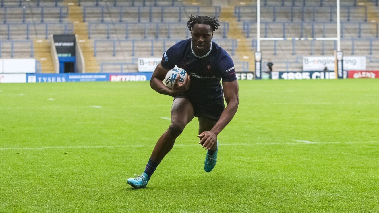 Neil Tchamambe slides in to score a try for London Broncos during their 1895 Cup final triumph in 2026
