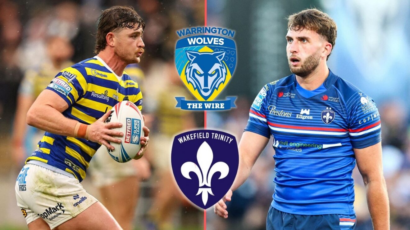 A split-screen of Jordy Crowther and Josh Rourke, with the badges of Warrington Wolves and Wakefield Trinity aligned vertically down the centre
