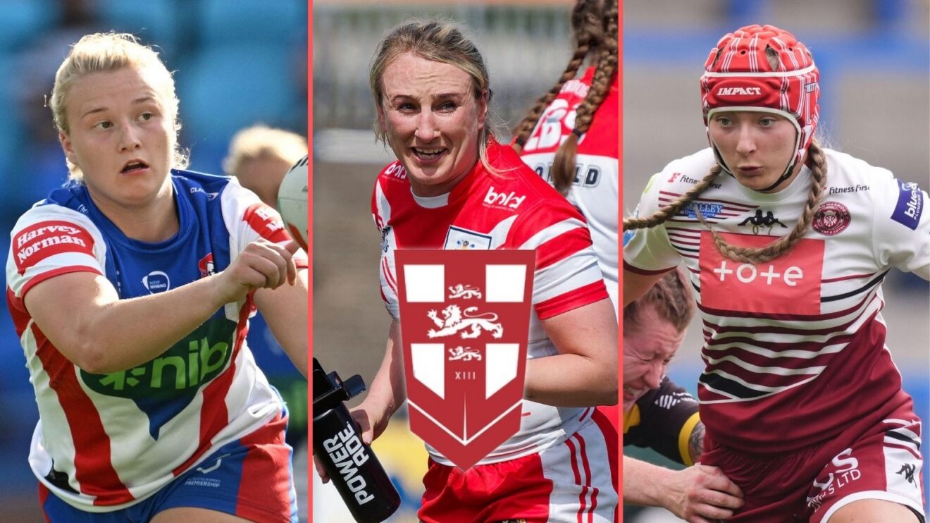 A three-panel image of Georgia Roche, Jodie Cunningham and Izzy Rowe with the England Rugby league badge overlaid on Preston's sternum