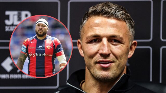 Sam Burgess speaking at a press conference in 2026, with an image of Jazz Tevaga overlaid to the left