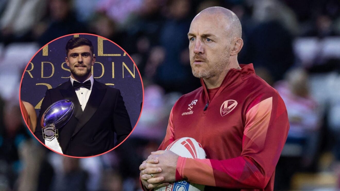 James Roby holds a rugby ball during his time as a St Helens coach, looking left towards an image of Brad O'Neill collecting his 2026 Man of Steel award which has been overlaid in a circle